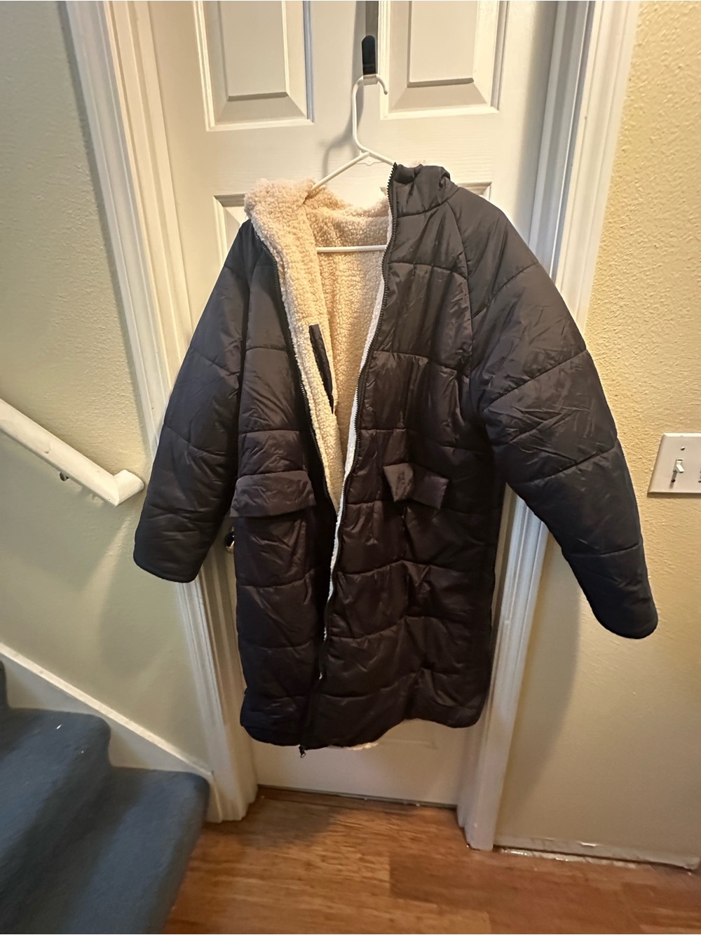 Long Quilted Puffer Coat with Cream Sherpa Lining